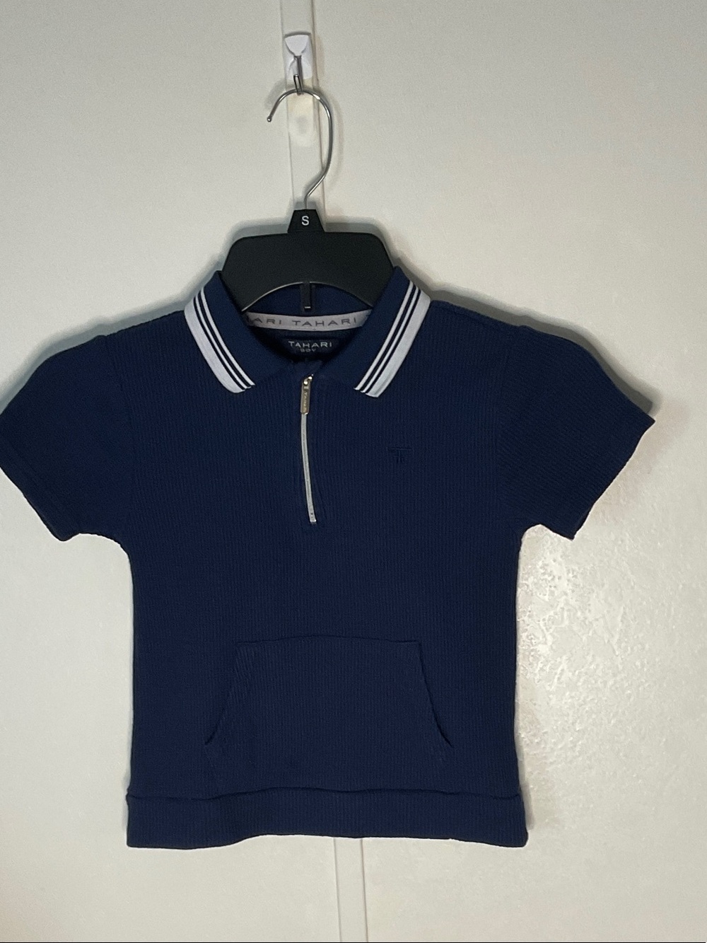 Tahari Navy Polo Shirt with White-Striped Collar